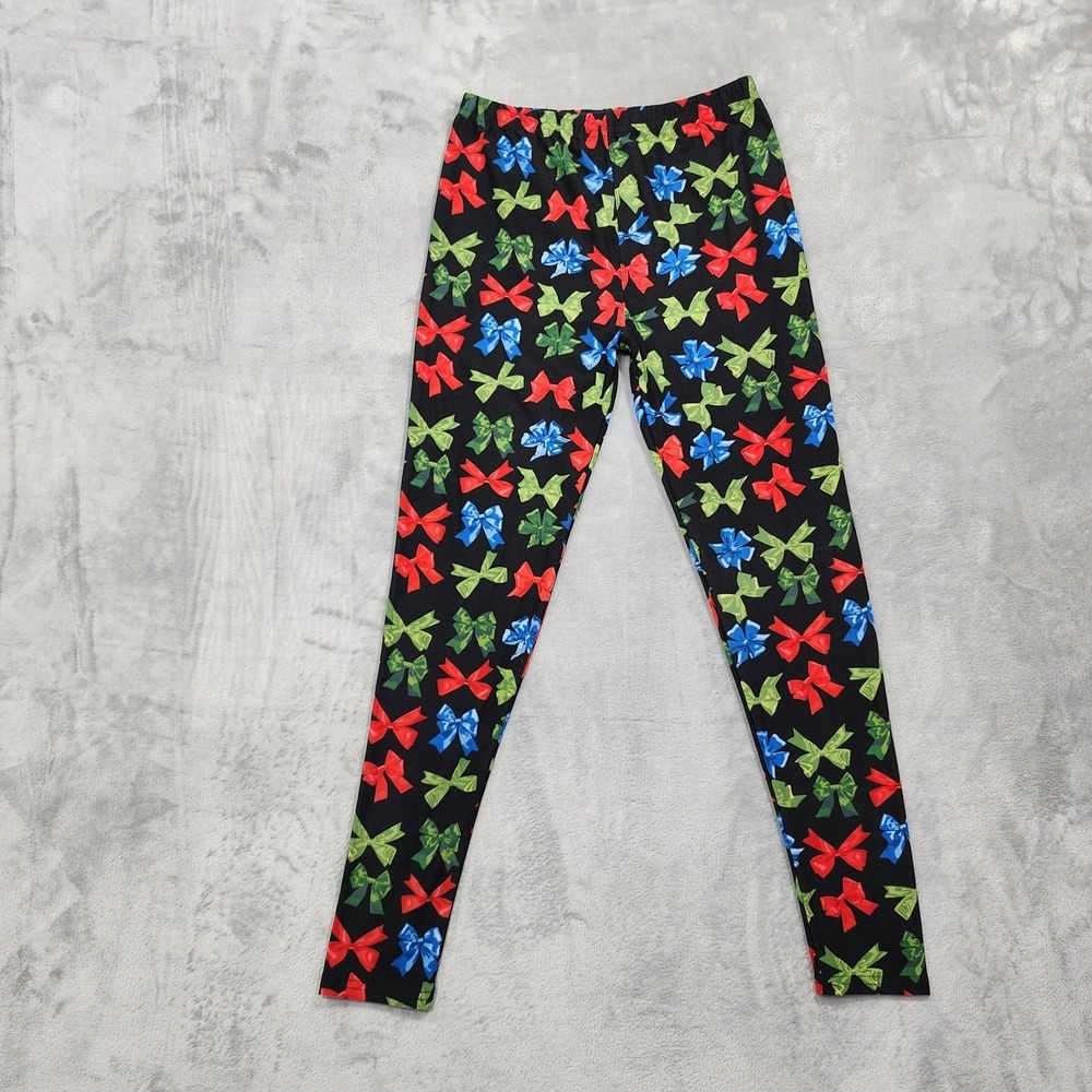 Agnes & Dora Leggings Womens L Black Christmas Bow Print Ankle Stretch Casual
